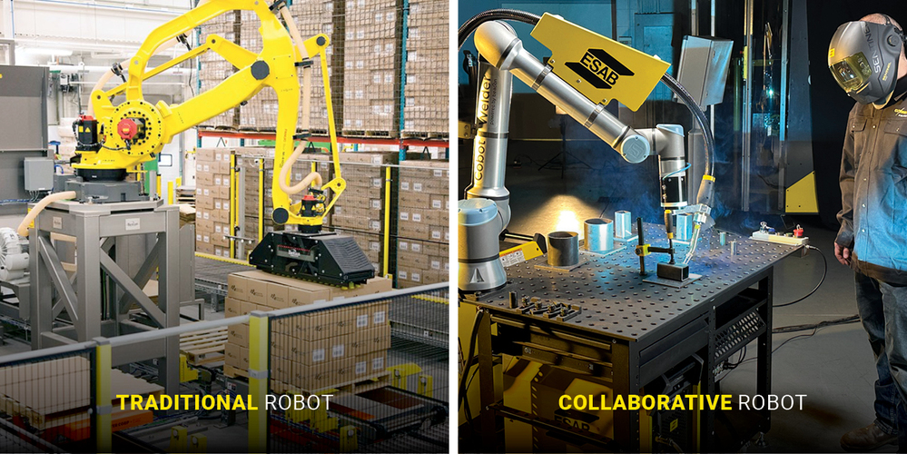 In the left you can see a traditional robot versus a collaborative robot, or cobot